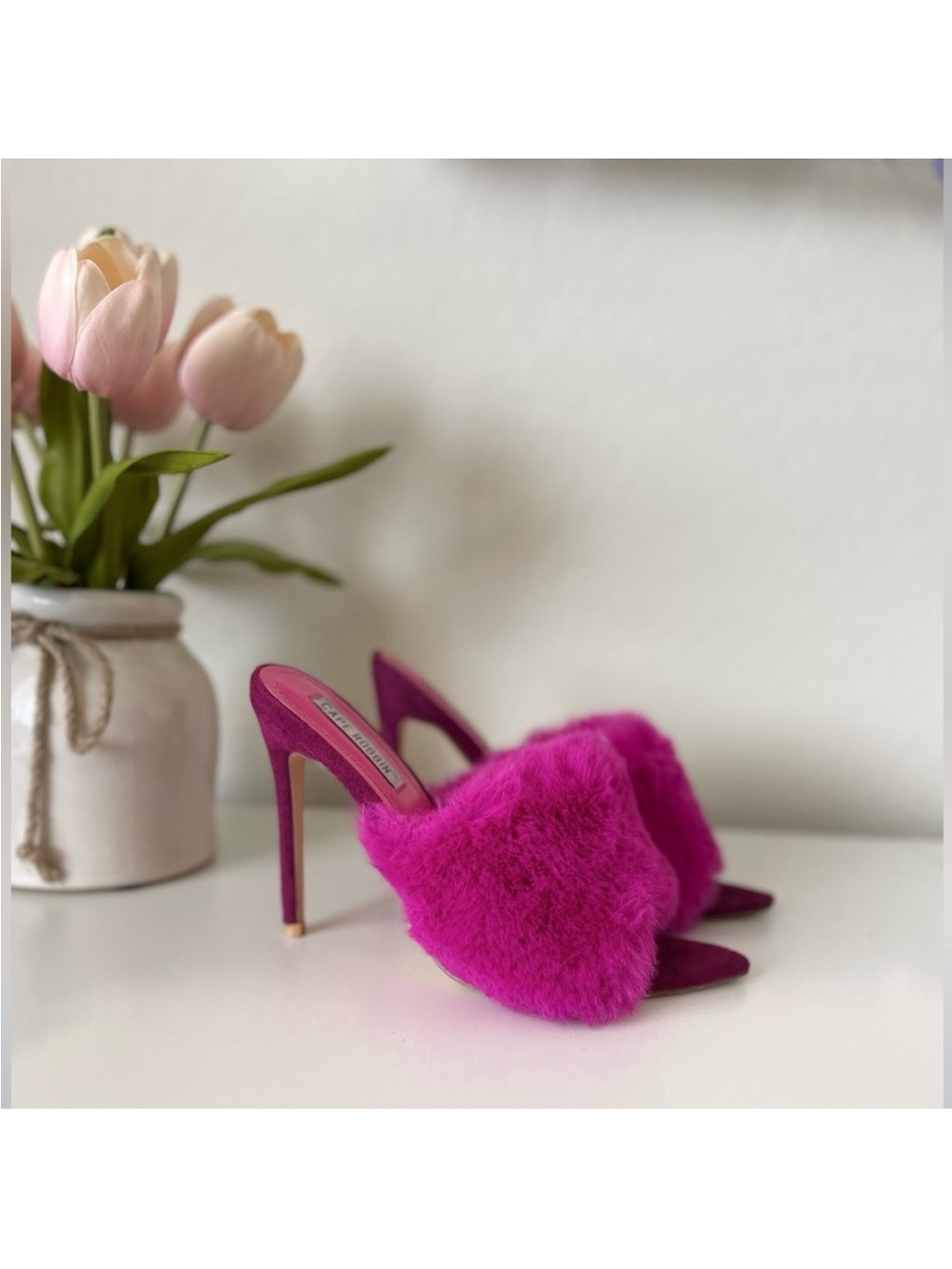Sexy Luxury Fuchsia Cape Robbin Faux Fur Slide Stiletto Heels